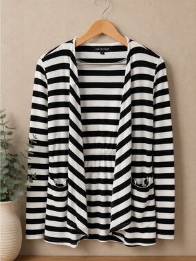 For Cynthia Black & White Striped Open Front Cardigan Sweater Women’s Medium